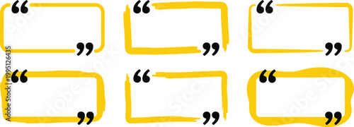 Set of six blank yellow rectangular and cloud shaped quote boxes with quote box