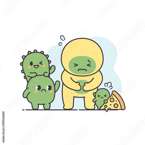 Cute cartoon characters experiencing indigestion after eating pizza