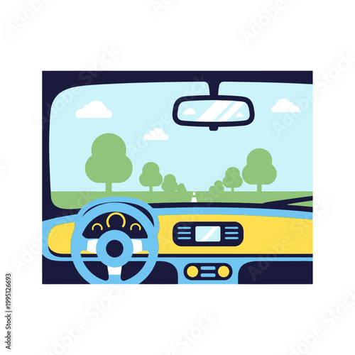 Car interior view of dashboard and steering wheel on a scenic road trip.