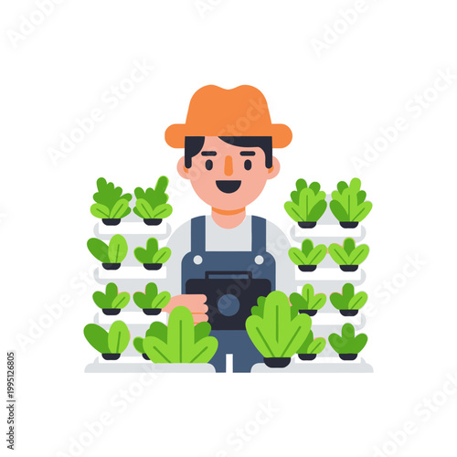 Happy farmer in hat tending to vertical hydroponic farm with lush green lettuce