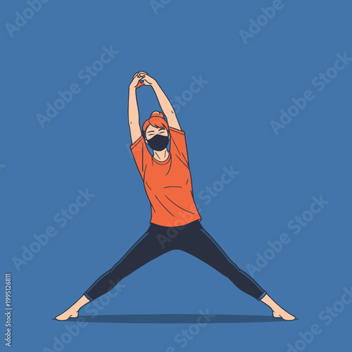 Woman in mask doing yoga stretching, healthy lifestyle during pandemic, blue background
