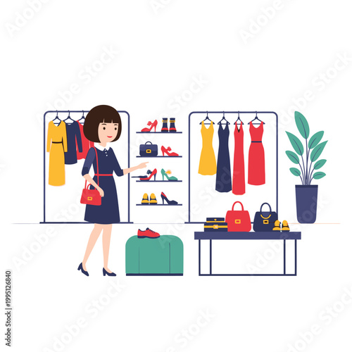 Woman Shopping for Fashionable Clothes and Shoes in a Boutique
