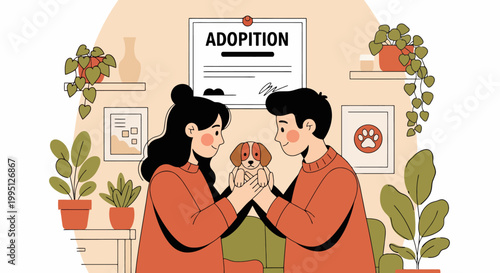 Couple Adopting a Small Dog with Joyful Expressions.