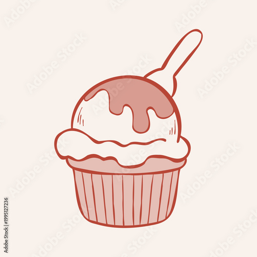 Vanilla icecream scoop with chocolate topping in a cup. Hand-drawn line illustration isolated on a creamy background. Vector clip art for menu, packaging design, or sticker.