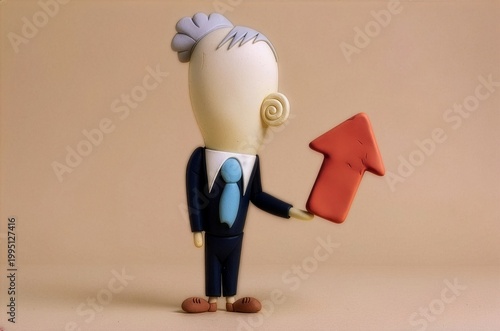 Business Growth Concept with Claymation Businessman Holding Upward Red Arrow, Copy Space Left