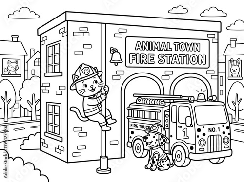 Animal Town Coloring Sheet. Exciting Scene of a Fire Station in Animal Town Featuring a Playful Cat Firefighter and a Friendly Dog by a Fire Truck