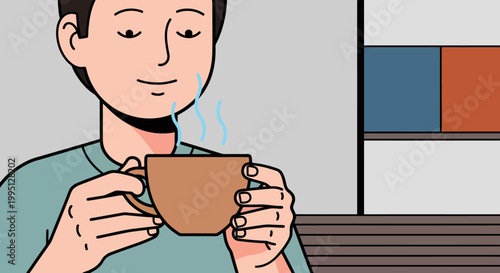 Man enjoying a warm cup of coffee with steam rising.