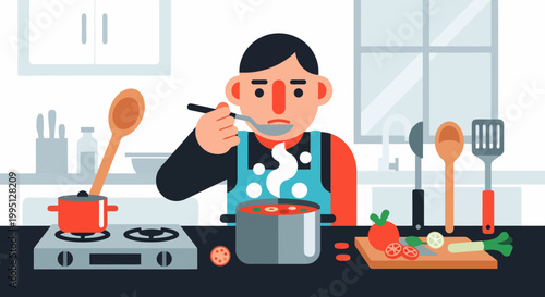 Man tasting soup from a pot on the stove.