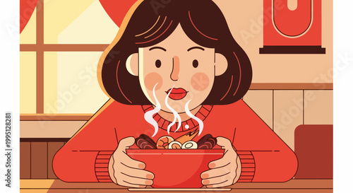 Woman enjoying a steaming bowl of delicious food.
