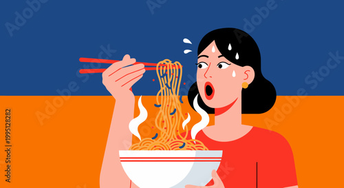 Woman Eating Spicy Noodles with Chopsticks.