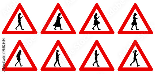 Set mit europäischen Warnschildern für unaufmerksame Fußgänger durch Smartphone-Nutzung und Doomscrolling