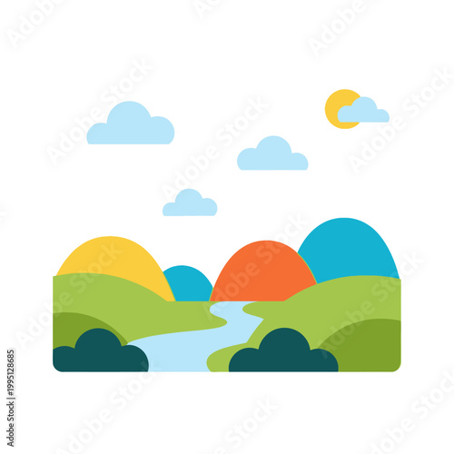 Colorful Abstract Landscape with River, Mountains, Sun and Clouds