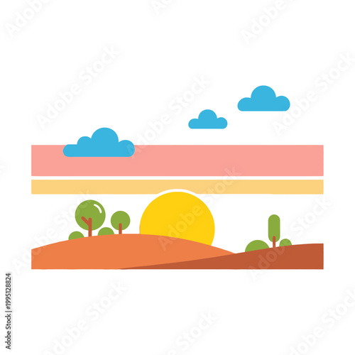 Flat design sunrise over rolling hills with trees and clouds