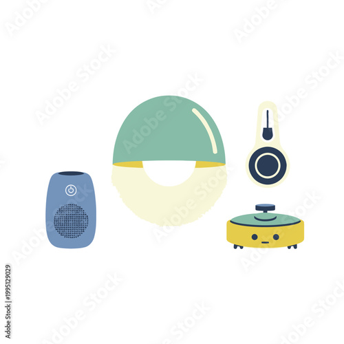 Cute cartoon home appliances collection: robot vacuum, speaker, lamp, humidifier