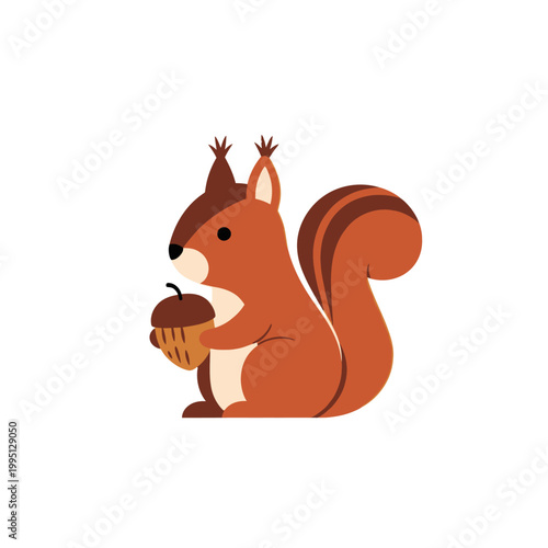 Cute cartoon squirrel holding an acorn, isolated on white background