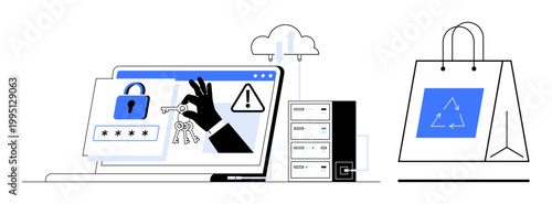 Cybersecurity, data protection, online shopping, e-commerce, hacking prevention, cloud storage. A hand grabbing keys, laptop with lock and shopping bag. Cybersecurity and data protection concept