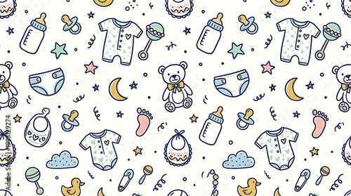 Seamless Baby Pattern with Cute Toys and Nursery Elements