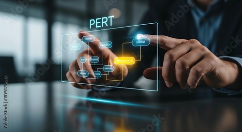 PERT chart analysis. A project manager's hands review a minimalist holographic PERT diagram, focusing on the critical path which glows brighter.
