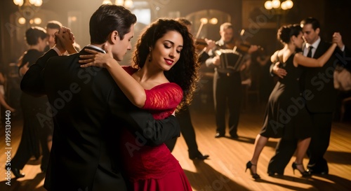 Ballroom dancers performing tango embracing with passion