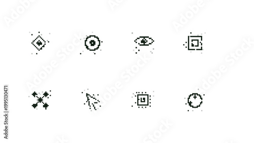Pixel noise mixed symbols set with diamond ring eye frame node cursor chip and orbit icons for digital products, software UI kits, and cybersecurity visuals.