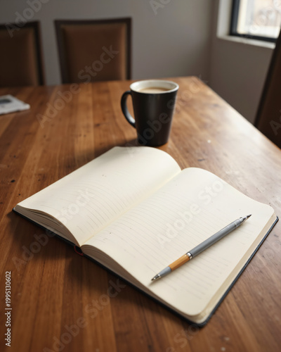 Open notebook with pencil and mug on walnut tabletop