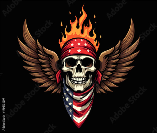 Biker vector t-shirt design with fire human skull
with usa flag bandana, wings, flame on black
background.
Fashionable print for fabric, paper, men clothing,
hoodie, jacket. T shirt template.