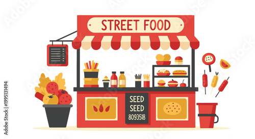 Colorful street food cart with snacks.