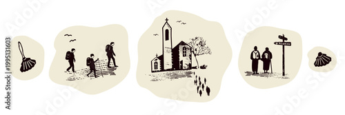 Collection of pilgrim group walking on path to church on trail. Country landscape with camino signpost, pilgrims way shell, men and women for Canterbury or Camino religion pilgrimage walk. Icon set.