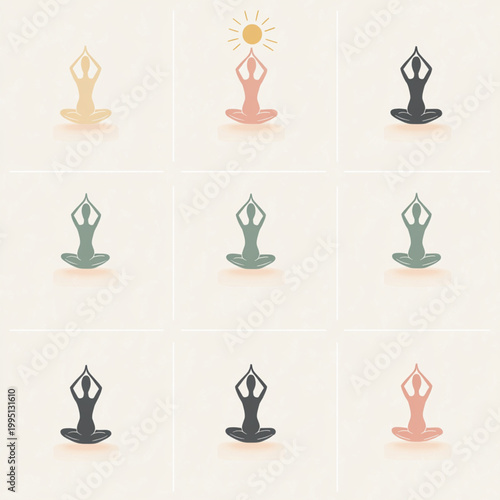 A clean vector illustration featuring the twelve postures of Yoga. The design is educational, modern, and perfect for i studio wall art.