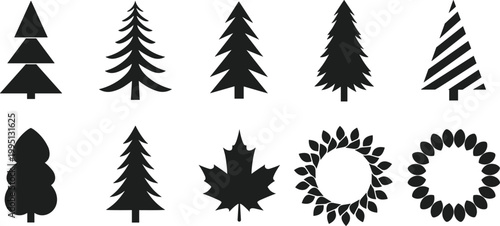 Collection of ten minimalist black nature silhouettes featuring various pine trees, a maple leaf, and decorative leaf wreaths for seasonal winter and autumn branding