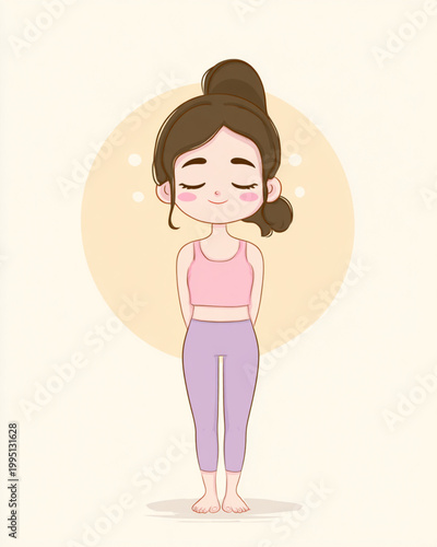 A cheerful cartoon girl with simple, rounded shapes and soft, pastel colors. Her face shows a calm, smiling expression with closed eyes and small rosy cheeks.