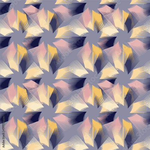 Premium seamless geometric pattern with abstract starburst motif in pink, navy, and gold. High end design for luxury fashion, home decor and wallpaper