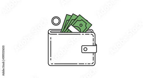 A wallet with money and a coin.