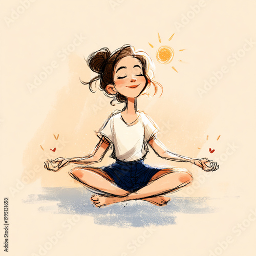 A loose, expressive cartoon illustration featuring a girl in Lotus Pose, drawn with slightly imperfect, energetic lines.