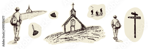 Set of pilgrim men group walking on path to church on trail. Country landscape with camino signpost, church ,pilgrims way shell, man for Canterbury or Camino religious pilgrimage walk. Icon collection