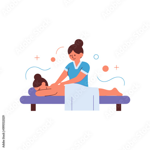 Therapist giving massage to a woman lying on a massage table, relaxation and wellness