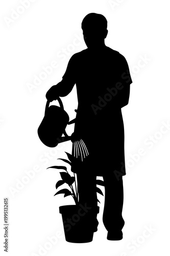 Detailed vector silhouette of a person watering a potted houseplant