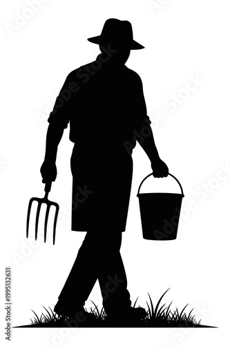 Farmer silhouette carrying pitchfork and bucket vector illustration graphic design