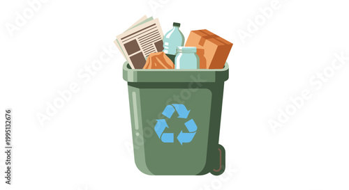 Green recycling bin with blue logo.