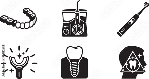 Modern Dental Health Vector Icon Set: Clear Aligners, Water Flosser, Smart Electric Toothbrush, LED Teeth Whitening, Dental Implant, and 3D Scan