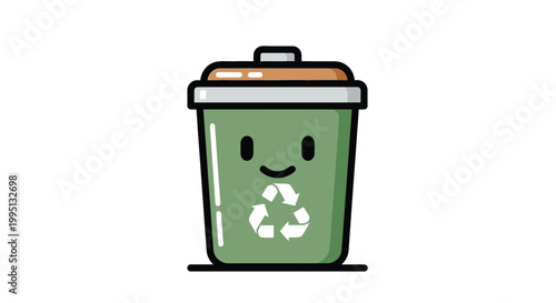 Green Recycling Bin with Smiling Face.