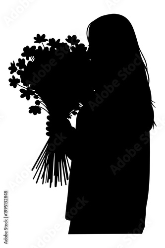 Elegant woman silhouette enjoying the scent of a fresh flower graphic design