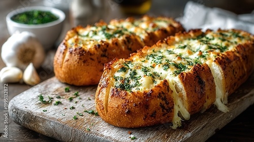 Melted cheese and herb garlic bread on rustic board