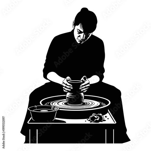 Potter shaping clay on a spinning wheel vector illustration