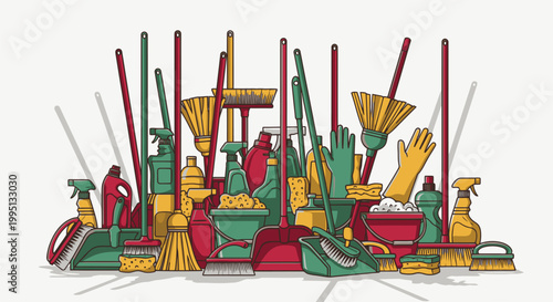 Colorful cleaning tools and equipment.