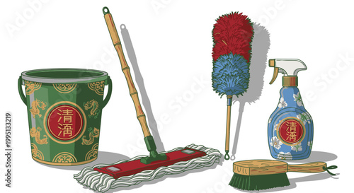 Cleaning supplies on a table.