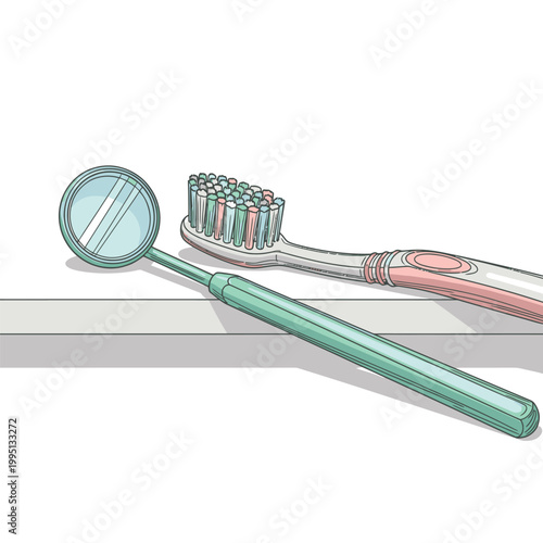 Toothbrush and dental mirror on surface.