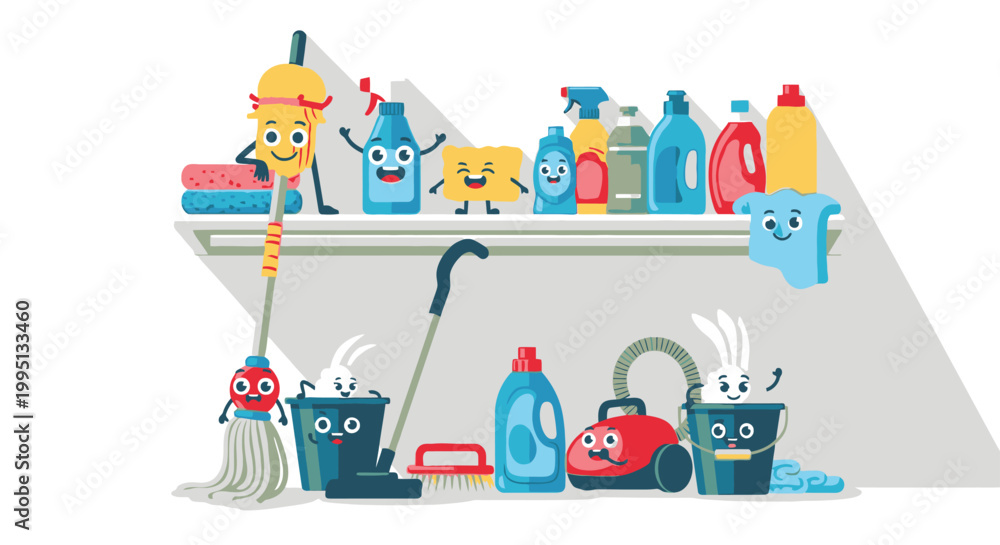 Naklejka premium Cleaning supplies on a shelf.