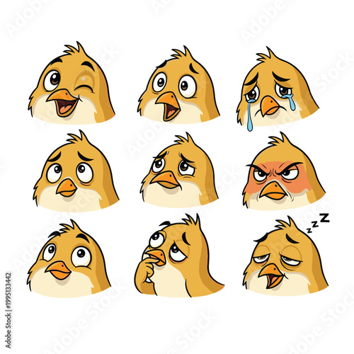 Cartoon chicken faces various emotions.
