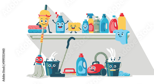 Cleaning supplies on a shelf.